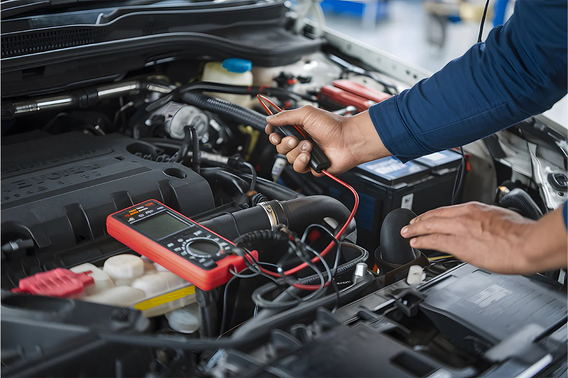 Mechanic using diagnostic equipment on a vehicle